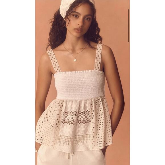Anthropologie Tops - Anthropologie Eyelet Lace Smocked Babydoll Cami Tank Size Large Cottage Core